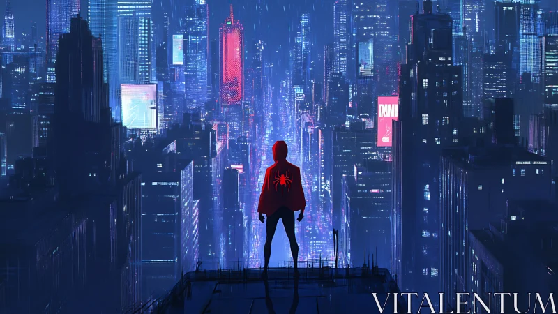 Neon towers await as a hooded spider-hero surveys the storm