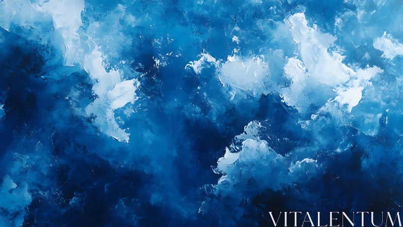 Abstract blue and white clouds painting with textured brushstrokes.