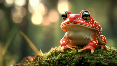 Photorealistic red tree frog on moss with shallow depth of field.