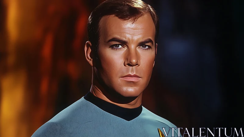 Calm starship officer framed in softly glowing light.