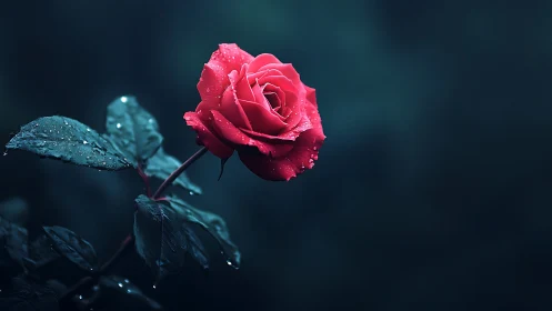 Crimson Rose with Dewdrops in Teal Darkness.