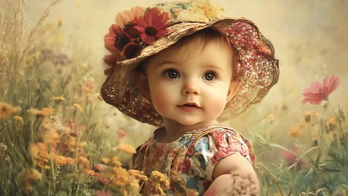 Toddler Portrait in Floral Field with Vintage Styling. Digital composite.