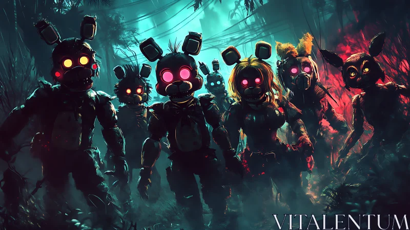 Hostile animatronic squad advances through neon swamp
