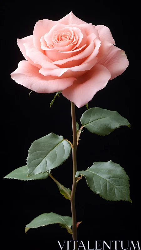 Soft pink rose blooms serenely against deep black backdrop