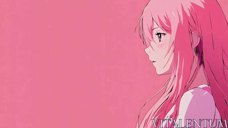 Monochrome side-profile anime portrait in flat pink field.