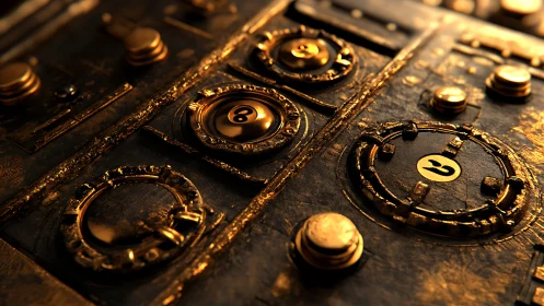 Bronze mechanical control panel with numbered dials.