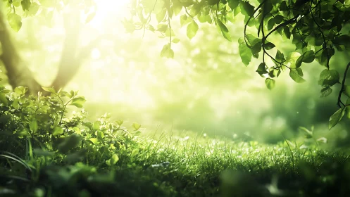 Sunlit Forest Glade with Lush Greenery in Soft Focus Style.