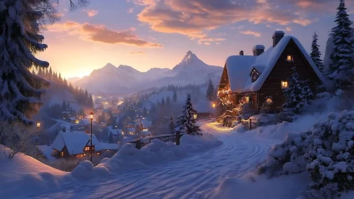 Snowy mountain village glows warmly under a gentle sunset