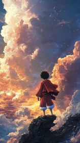 Cliffside anime figure against volumetric sunset cumulonimbus.