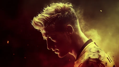 Halo of firelight crowns a focused football warrior.