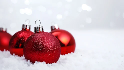 Red Christmas baubles rest on fresh snow under soft bokeh.