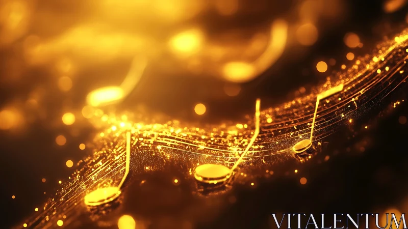 Golden musical notes flowing through glowing bokeh field.