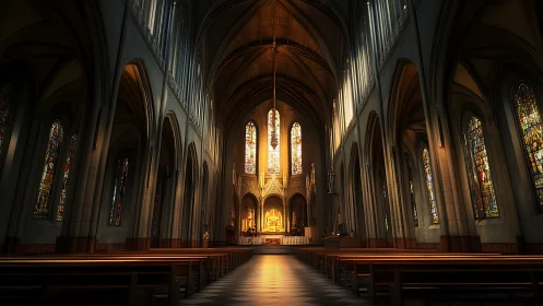 Gothic cathedral interior glows with stained glass light.