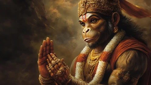 Monkey deity in ornate jewelry with folded hands portrait.