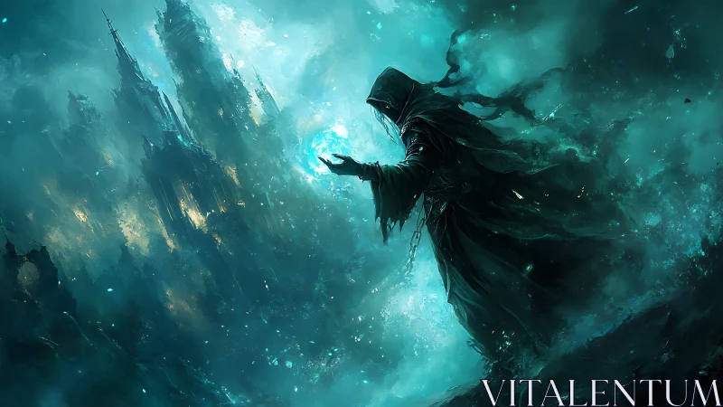 Mystic robed sorcerer commands glowing magic over ruins