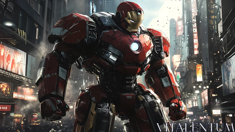 Heavily armored red mech suit in dense neon urban streetscape