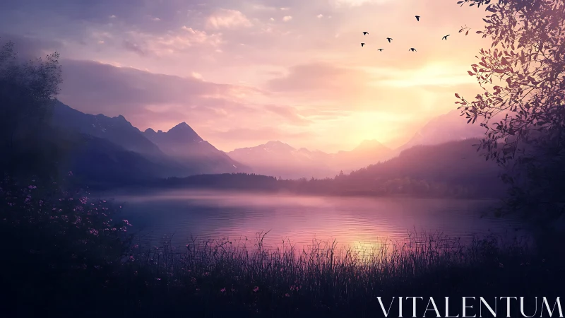 Gentle sunrise over a quiet mountain lake of soft color.