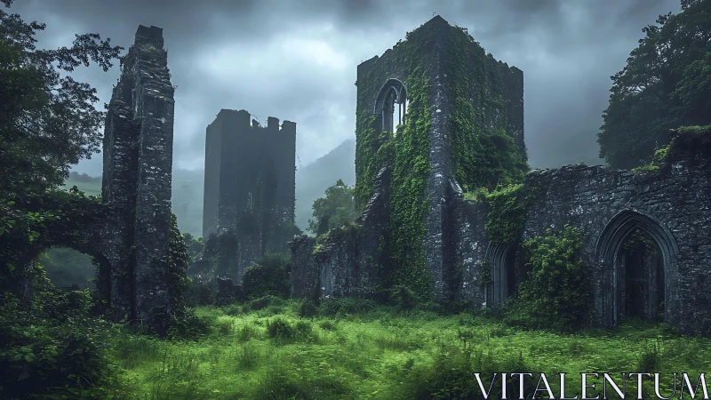 Ruined ivy-covered stone abbey in misty green valley.