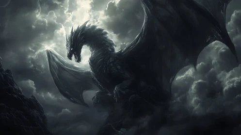 Stormlit obsidian dragon emerging through turbulent clouds.