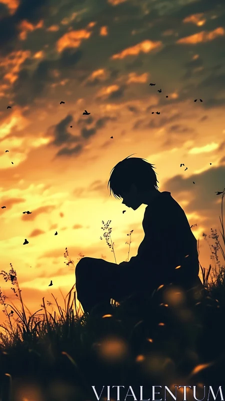 Sunset solitude folds a quiet boy into glowing meadow hush
