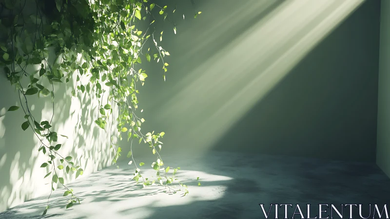 Volumetric daylight on cascading foliage in minimal interior.