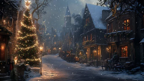 Midwinter village glows beneath starlit Christmas snowfall.