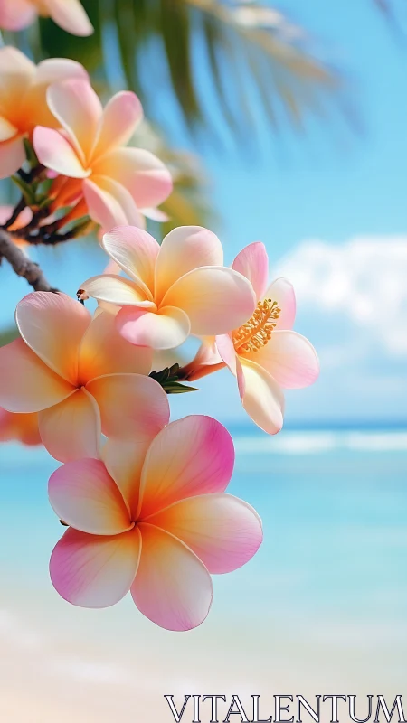 Pink plumeria flowers in bright sunlight against tropical beach ocean background