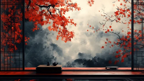 Japanese interior view with red maple branches and misty sky.