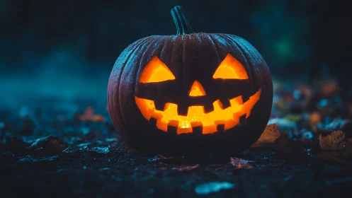 Carved jack o lantern pumpkin glowing outdoors at night.