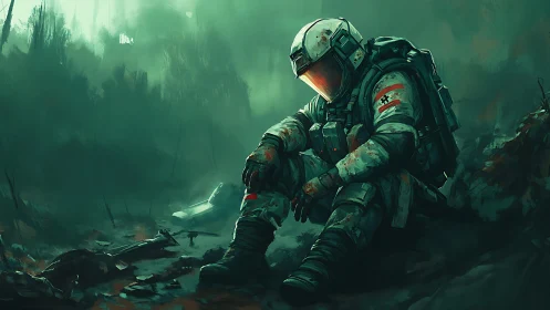 Solitary armored figure seated in damaged forest terrain.