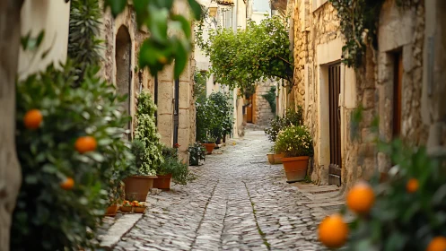 Sunlit stone alley with citrus trees and cobbled path.