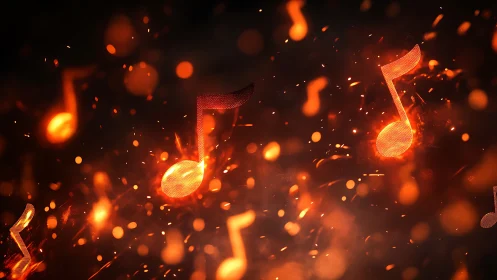 Glowing orange musical notes in ember-like bokeh atmosphere