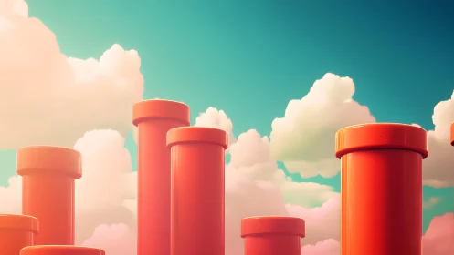 Surreal Red Pipes Rise Against a Dreamy Cloud-Filled Sky.