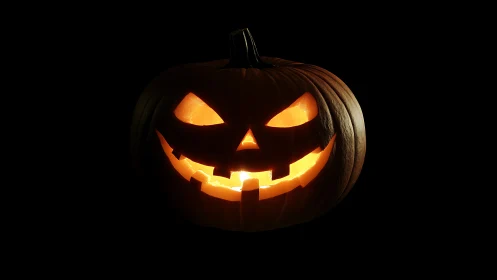 Carved jack o lantern pumpkin glowing in dark background.