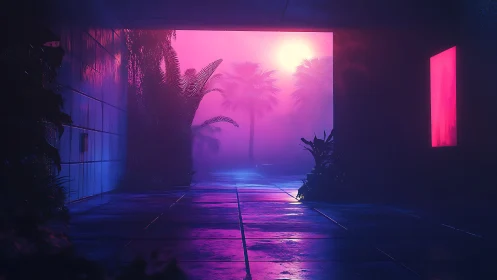 Neon lit corridor opening onto hazy tropical courtyard.