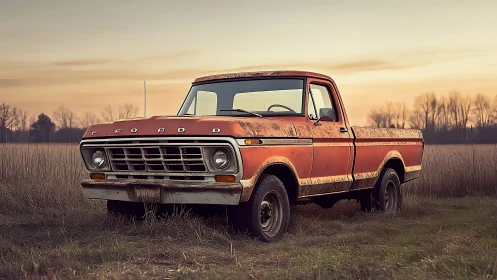 Weathered orange Ford pickup truck in quiet rural field.