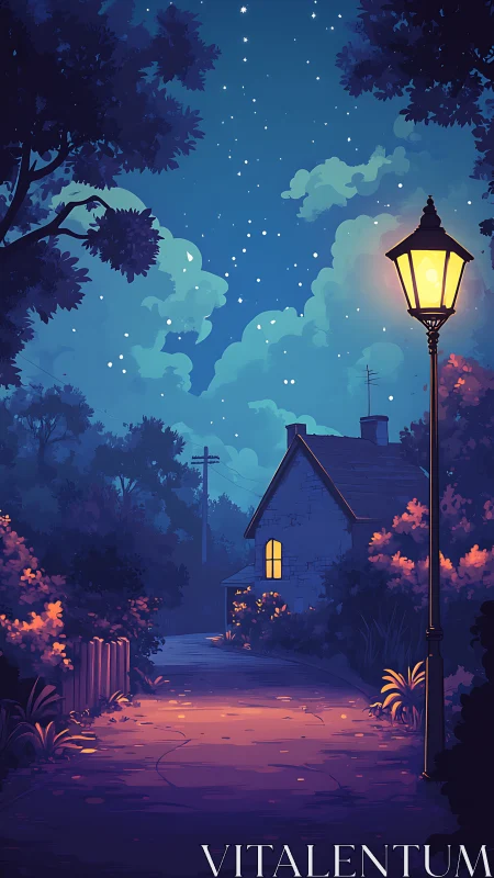 Lamp-lit cottage lane glows under a tranquil starry sky.