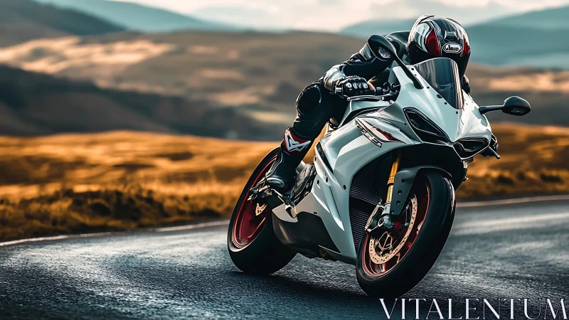 Sport motorcycle leans into a bend on open mountain road