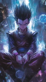 Calm warrior rests in glowing storm of swirling cosmic energy.