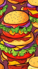 Stacked cartoon burgers burst with bold layered color.