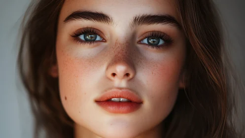 Soft-lit portrait highlights freckled skin and vivid eyes.
