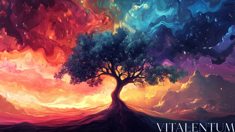 Cosmic tree divides swirling nebula skies in vivid light.