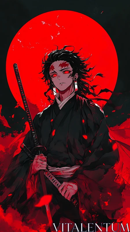 Samurai swordsman stands before oversized crimson moon in silhouette