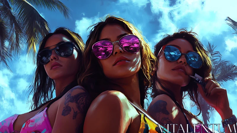 Triadic low-angle beach portrait with polarized lens reflections