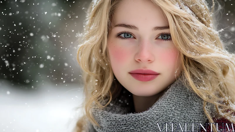 Soft-focus winter portrait renders luminous skin and snowfall
