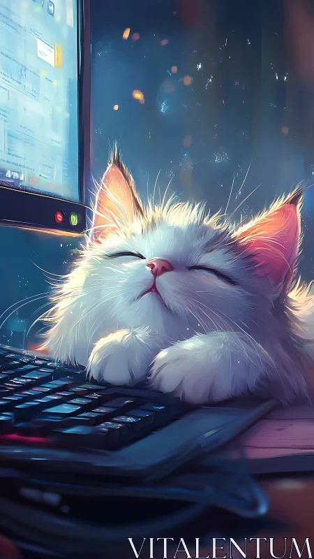 Cozy Kitten Lost in Digital Dreams at the Desk.