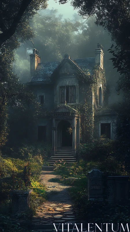 Abandoned neo-Gothic house in dense overgrowth under diffused dawn light