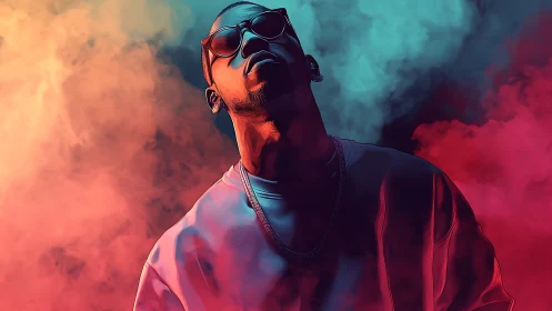 Neon-lit portrait of a man in colorful smoke haze stands bold.