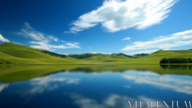 Grass-covered hills reflected in calm blue lake under clouds.