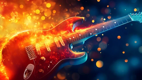 Electric guitar blazes through molten bokeh and neon night